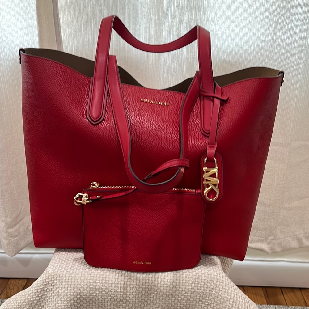 Michael Kors Large Red Pebbled Leather Tote Bag Set